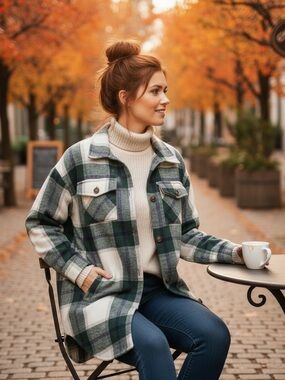 ComfyLuxe Green and Cream Plaid Shacket - Casual Button-Up Jacket